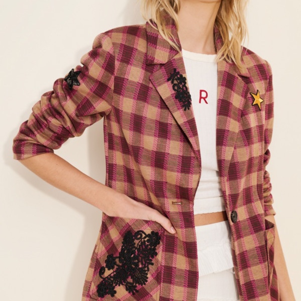 Avec Les Filles Plaid‎ Appliqué Statement Blazer Pink Camel Check XSP